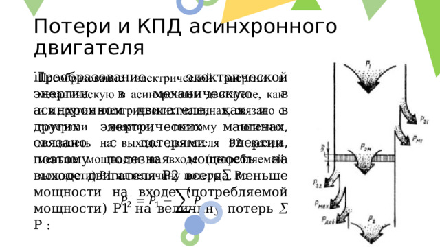 Потери и КПД асинхронного двигателя   Преобразование электрической энергии в механическую в асинхронном двигателе, как и в других электрических машинах, связано с потерями энергии, поэтому полезная мощность на выходе двигателя Р2 всегда меньше мощности на входе (потребляемой мощности) Р1 на величину потерь  Р : 