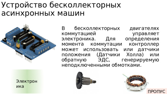 Устройство бесколлекторных асинхронных машин В беcколлекторных двигателях коммутацией управляет электроника. Для определения момента коммутации контроллер может использовать или датчики положения (Датчики Холла) или обратную ЭДС, генерируемую неподключенными обмотками. Электроника ПРОПУСК Ротор Статор 