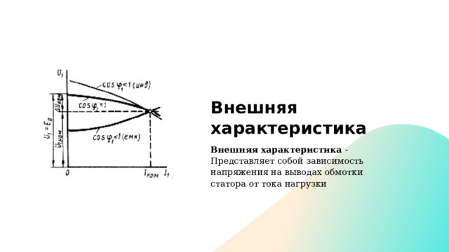 Внешняя характеристика Внешняя характеристика -Представляет собой зависимость напряжения на выводах обмотки статора от тока нагрузки 