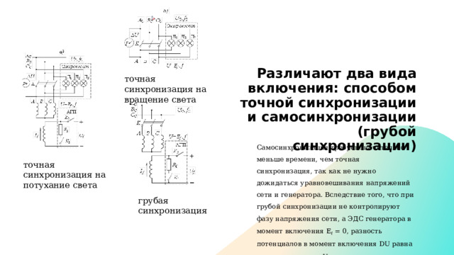 Различают два вида включения: способом точной синхронизации и самосинхронизации (грубой синхронизации) точная синхронизация на вращение света точная синхронизация на потухание света Самосинхронизация требует значительно меньше времени, чем точная синхронизация, так как не нужно дожидаться уравновешивания напряжений сети и генератора.  Вследствие того, что при грубой синхронизации не контролируют фазу напряжения сети, а ЭДС генератора в момент включения E f  = 0, разность потенциалов в момент включения DU равна напряжению сети U C . грубая синхронизация 