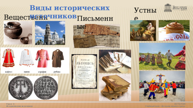 Виды исторических источников Устны е  Вещественные  Письменные  Урок 3 ИСТОРИЯ Исторические источники Учебный курс «История нашего края»  