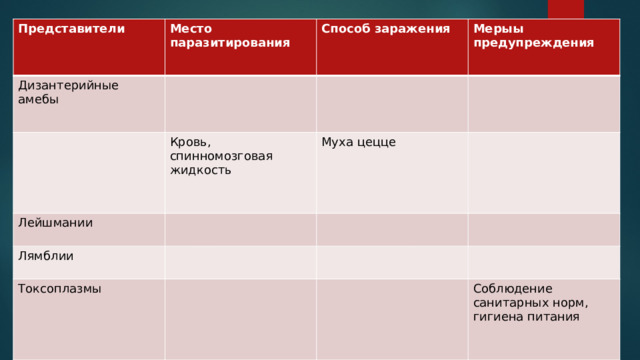 Представители Место паразитирования Дизантерийные амебы Способ заражения Мерыы предупреждения Кровь, спинномозговая жидкость Лейшмании Муха цецце Лямблии Токсоплазмы Соблюдение санитарных норм, гигиена питания 