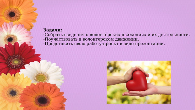 Задачи:  -Собрать сведения о волонтерских движениях и их деятельности.  -Поучаствовать в волонтерском движении.  -Представить свою работу-проект в виде презентации. 
