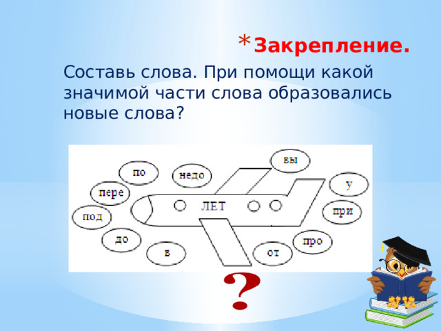 Закрепление. Составь слова. При помощи какой значимой части слова образовались новые слова? 