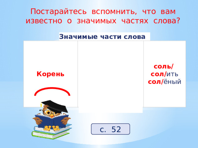 Постарайтесь вспомнить, что вам известно о значимых частях слова? Значимые части слова Корень Главная значимая часть слова, в которой заключено общее лексическое значение всех однокоренных слов соль/   сол/ ить  сол/ ёный с. 52 