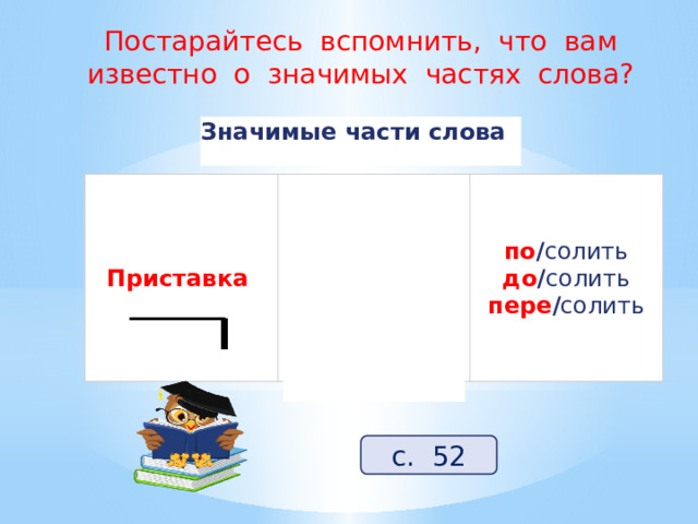 Постарайтесь вспомнить, что вам известно о значимых частях слова? Значимые части слова Приставка  Значимая часть слова, которая стоит перед корнем и служит для образования слов по / солить  до / солить  пере / солить с. 52 