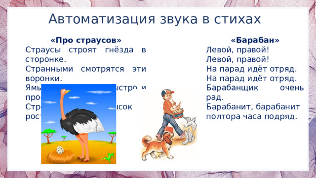 Автоматизация звука в стихах «Про страусов» «Барабан» Страусы строят гнёзда в сторонке. Левой, правой! Странными смотрятся эти воронки. Левой, правой! Ямы в песке роют быстро и просто На парад идёт отряд. Стройные птицы высокого роста. На парад идёт отряд. Барабанщик очень рад. Барабанит, барабанит полтора часа подряд. 