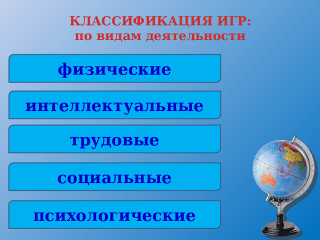 КЛАССИФИКАЦИЯ ИГР:  по видам деятельности физические интеллектуальные трудовые социальные психологические 
