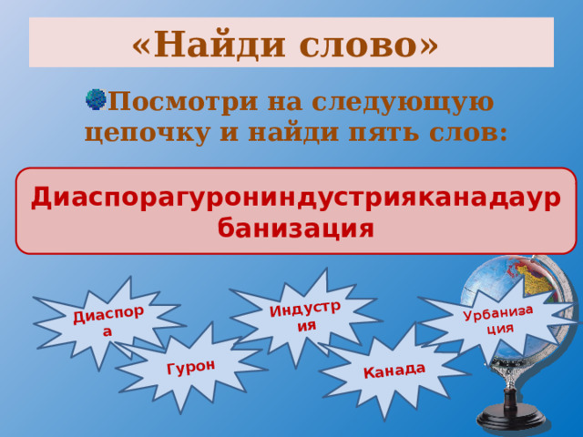 Диаспора Гурон Индустрия Канада Урбанизация «Найди слово» Посмотри на следующую цепочку и найди пять слов: Диаспорагурониндустрияканадаурбанизация 