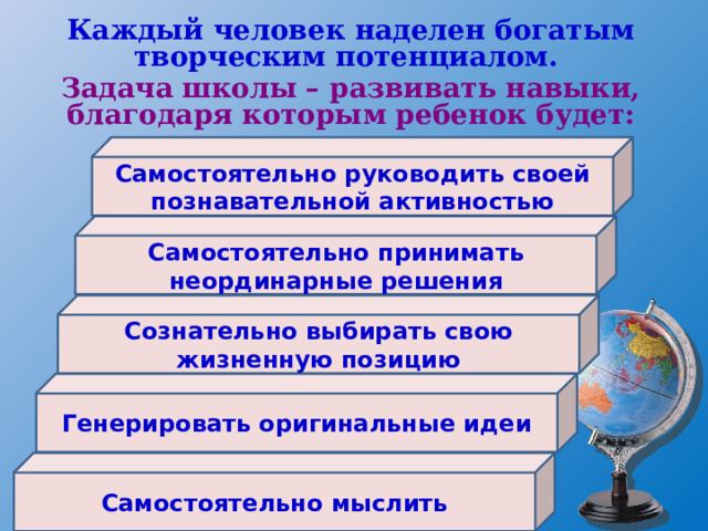 Каждый человек наделен богатым творческим потенциалом. Задача школы – развивать навыки, благодаря которым ребенок будет: Самостоятельно руководить своей познавательной активностью Самостоятельно принимать неординарные решения Сознательно выбирать свою жизненную позицию Генерировать оригинальные идеи Самостоятельно мыслить 