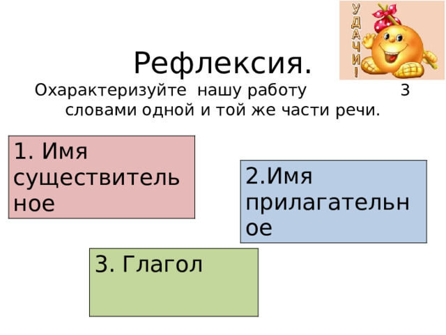 Рефлексия.  Охарактеризуйте нашу работу 3 словами одной и той же части речи.   1. Имя существительное 2.Имя прилагательное 3. Глагол 