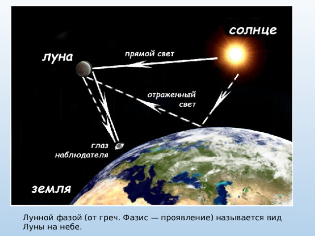 Лунной фазой (от греч. Фазис — проявление) называется вид Луны на небе. 