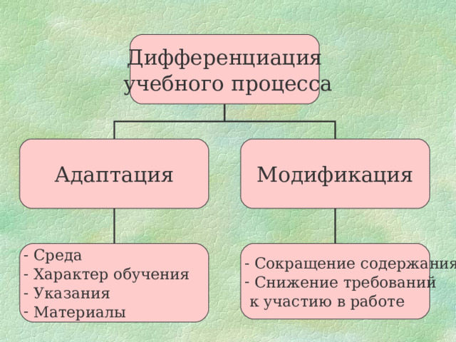 Дифференциация  учебного процесса Адаптация Модификация  Среда  Характер обучения  Указания  Материалы  Сокращение содержания  Снижение требований  к участию в работе 