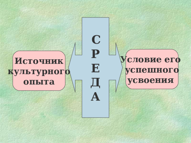  С Р Е Д А Условие его успешного усвоения Источник  культурного опыта 