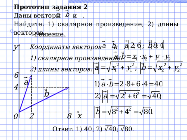 Прототип задания 2 Даны векторы и . Найдите: 1) скалярное произведение; 2) длины векторов.  Решение. Координаты векторов и : 1) скалярное произведение: 2) длины векторов : y 6 4 x 2 8 0 Ответ: 1) 40; 2) √40; √80. 12 