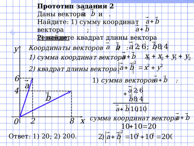 Прототип задания 2 Даны векторы и . Найдите: 1) сумму координат вектора ; 2) найдите квадрат длины вектора .  Решение. Координаты векторов и : 1) сумма координат вектора : 2) квадрат длины вектора : y 6 1) сумма векторов : 4 сумма координат вектора : x 2 8 0 Ответ: 1) 20; 2) 200. 13 
