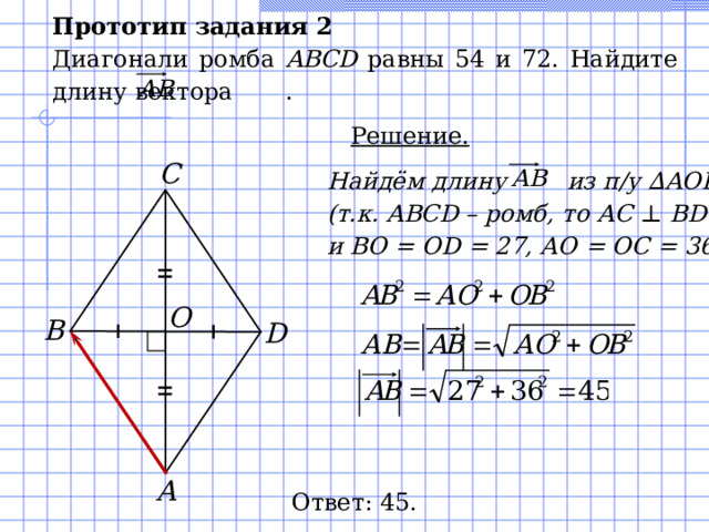 Прототип задания 2 Диагонали ромба ABCD равны 54 и 72. Найдите длину вектора . Решение. С Найдём длину  из п/у ∆ AOB (т.к. ABCD – ромб, то АС  ⊥  BD и ВО = О D = 27, АО = ОС = 36) O B D А Ответ: 45.  