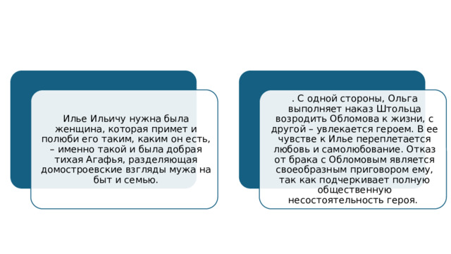 Илье Ильичу нужна была женщина, которая примет и полюби его таким, каким он есть, – именно такой и была добрая тихая Агафья, разделяющая домостроевские взгляды мужа на быт и семью. . С одной стороны, Ольга выполняет наказ Штольца возродить Обломова к жизни, с другой – увлекается героем. В ее чувстве к Илье переплетается любовь и самолюбование. Отказ от брака с Обломовым является своеобразным приговором ему, так как подчеркивает полную общественную несостоятельность героя. 