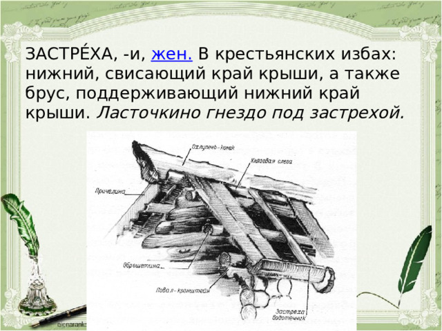 ЗАСТРЕ́ХА, -и, жен. В крестьянских избах: нижний, свисающий край крыши, а также брус, поддерживающий нижний край крыши. Ласточкино гнездо под застрехой. 