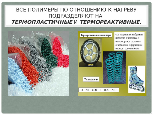 Все полимеры по отношению к нагреву подразделяют на   термопластичные  и  термореактивные . 