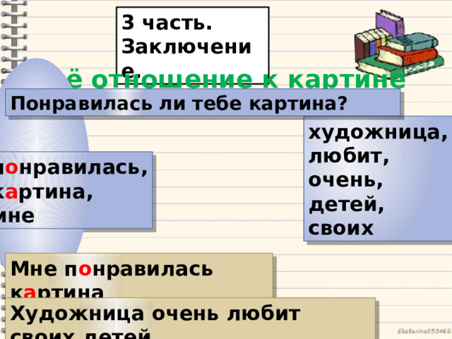 3 часть. Заключение. Твоё отношение к картине Понравилась ли тебе картина? художница, любит, очень, детей, своих п о нравилась, к а ртина, мне Мне п о нравилась к а ртина . Художница очень любит своих детей . 