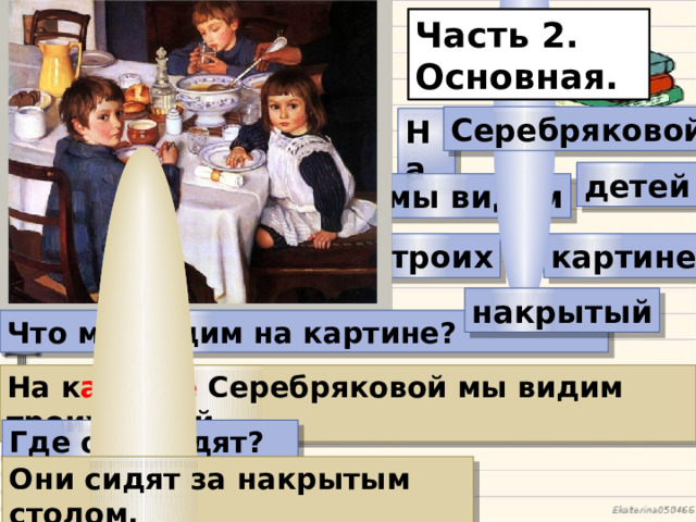 Часть 2. Основная. Серебряковой На детей мы видим картине троих накрытый Что мы видим на картине? На к а ртин е Серебряковой мы видим троих детей. Где они сидят? Они сидят за накрытым столом.  