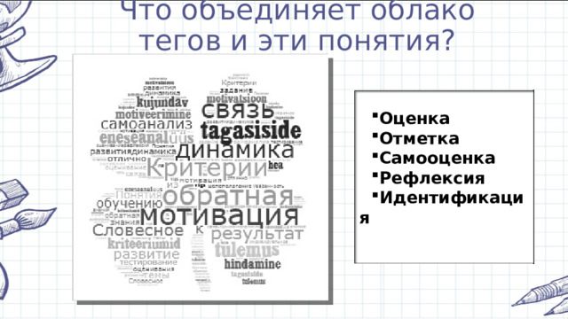 Что объединяет облако тегов и эти понятия? Оценка Отметка Самооценка Рефлексия Идентификация  