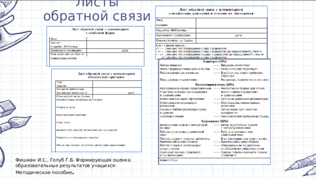 Листы обратной связи Фишман И.С., Голуб Г.Б. Формирующая оценка образовательных результатов учащихся: Методическое пособие . 
