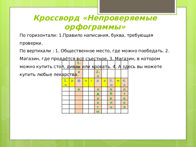 Кроссворд «Непроверяемые орфограммы» По горизонтали: 1.Правило написания, буква, требующая проверки. По вертикали : 1. Общественное место, где можно пообедать. 2. Магазин, где продаётся всё съестное. 3. Магазин, в котором можно купить стол, диван или кровать. 4. А здесь вы можете купить любые лекарства.         1. к 1.о р     а         ф   е     о       2.п   г                   р о       а           д 3.м               е у         м   к б 4.а       п е т       ы     л т е ь       к   а     