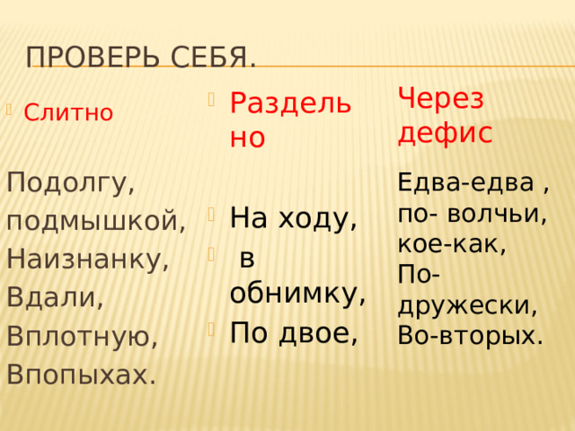 Проверь себя. Через дефис Едва-едва , по- волчьи, кое-как, По-дружески, Во-вторых. Раздельно На ходу,  в обнимку, По двое, Слитно Подолгу, подмышкой, Наизнанку, Вдали, Вплотную, Впопыхах. 