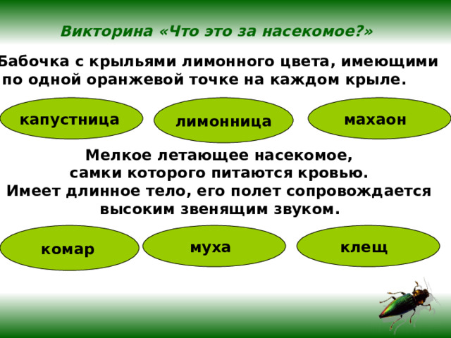 Викторина «Что это за насекомое?»  Бабочка с крыльями лимонного цвета, имеющими  по одной оранжевой точке на каждом крыле.  капустница  махаон  лимонница Мелкое летающее насекомое,  самки которого питаются кровью. Имеет длинное тело, его полет сопровождается  высоким звенящим звуком.  муха  клещ  комар  