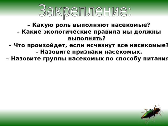 – Какую роль выполняют насекомые? – Какие экологические правила мы должны выполнять? – Что произойдет, если исчезнут все насекомые? – Назовите признаки насекомых. – Назовите группы насекомых по способу питания. 