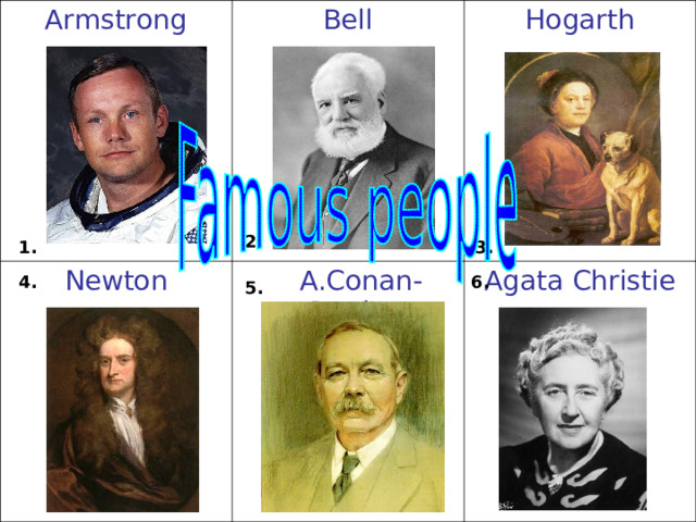 Аrmstrong Bell N ewton H ogarth  A.Conan-Doyle Agata Christie 2. 3. 1. 6. 4. 5. 