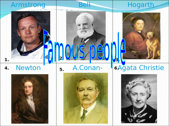 Аrmstrong Bell N ewton H ogarth  A.Conan-Doyle Agata Christie 2. 3. 1. 6. 4. 5. 
