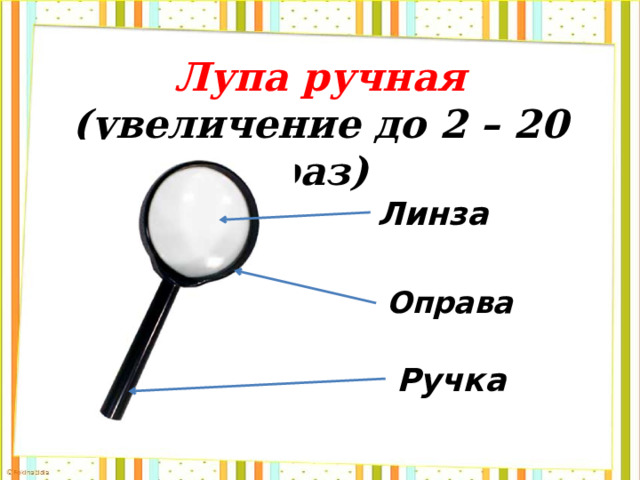 Лупа ручная  (увеличение до 2 – 20 раз) Линза Оправа  Ручка  