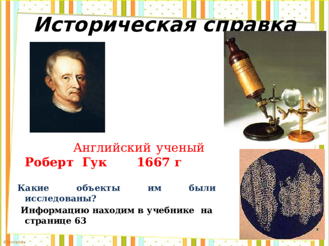 Историческая справка  Английский ученый Роберт Гук  1667 г Какие объекты им были исследованы?  Информацию находим в учебнике на странице 63 