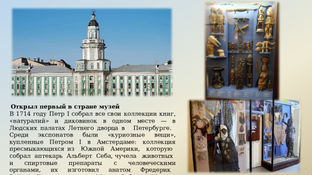 Открыл  первый  в  стране  музей В  1714  году  Петр  I  собрал  все  свои  коллекции  книг,  «натуралий» и диковинок  в одном  месте  — в  Людских  палатах  Летнего  дворца в  Петербурге.  Среди  экспонатов  были  «куриозные  вещи», купленные  Петром  I  в  Амстердаме:  коллекция  пресмыкающихся из  Южной  Америки,  которую  собрал  аптекарь  Альберт  Себа, чучела  животных  и  спиртовые  препараты  с  человеческими органами,  их  изготовил  анатом  Фредерик  Рюйш.  Кисти энтомолога  Марии  Сибиллы  Мериан  принадлежали  акварели  с насекомыми  и  растениями  Суринама . 