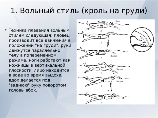 1. Вольный стиль (кроль на груди)   Техника плавания вольным стилем следующая: пловец производит все движения в положении 