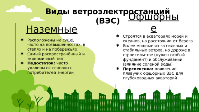 Виды ветроэлектростанций (ВЭС) Наземные Офшорные Строятся в акваториях морей и океанов, на расстоянии от берега Более мощные из-за сильных и стабильных ветров, но дороже в строительстве (нужен особый фундамент) и обслуживании (влияние соленой воды) Перспектива: появление плавучих офшорных ВЭС для глубоководных акваторий Расположены на суше, часто на возвышенностях, в степях и на побережьях Самый распространённый и экономичный тип Недостаток: часто удалены от основных потребителей энергии 