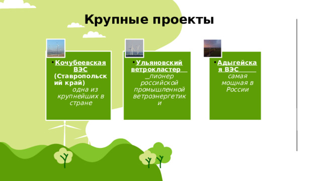 Крупные проекты Ульяновский ветрокластер пионер российской промышленной ветроэнергетики Ульяновский ветрокластер пионер российской промышленной ветроэнергетики Кочубеевская ВЭС (Ставропольский край) одна из крупнейших в стране Кочубеевская ВЭС (Ставропольский край) одна из крупнейших в стране Адыгейская ВЭС самая мощная в России Адыгейская ВЭС самая мощная в России 
