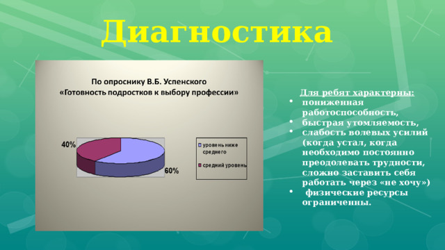 Диагностика Для ребят характерны: пониженная работоспособность, быстрая утомляемость, слабость волевых усилий (когда устал, когда необходимо постоянно преодолевать трудности, сложно заставить себя работать через «не хочу»)  физические ресурсы ограниченны.     