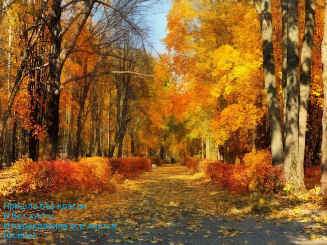 Пришла без красок И без кисти, И перекрасила все листья. (Осень) 
