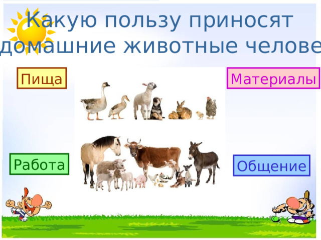  Какую пользу приносят домашние животные человеку? Пища Материалы Работа Общение 