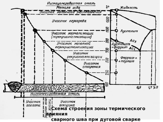 Схема строения зоны термического влияния сварного шва при дуговой сварке  