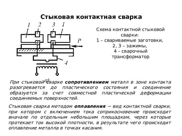 Стыковая контактная сварка Схема контактной стыковой сварки: 1 – свариваемые заготовки, 2, 3 – зажимы, 4 – сварочный трансформатор При стыковой сварке сопротивлением металл в зоне контакта разогревается до пластического состояния и соединение образуется за счет совместной пластической деформации соединяемых поверхностей.  Стыковая сварка методом оплавления − вид контактной сварки, при котором с включением тока соприкосновение происходит вначале по отдельным небольшим площадкам, через которые протекает ток высокой плотности, в результате чего происходит оплавление металла в точках касания. 