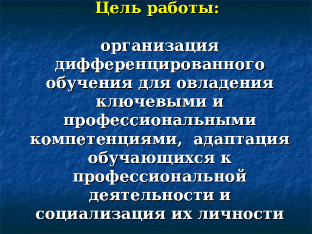 Цель работы:   организация дифференцированного обучения для овладения ключевыми и профессиональными компетенциями, адаптация обучающихся к профессиональной деятельности  и  социализаци я их личности 