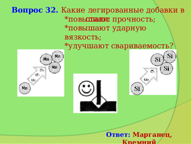 Вопрос 32. Какие легированные добавки в стали: *повышают прочность; *повышают ударную вязкость; *улучшают свариваемость?  Ответ: Марганец, Кремний 