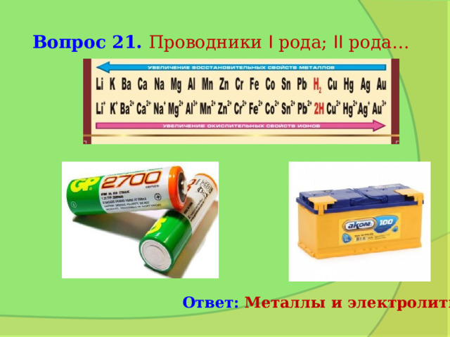 Вопрос 21. Проводники  I рода; II рода… Ответ: Металлы и электролиты 