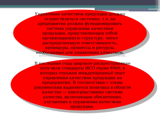 Управление качеством продукции должно осуществляться системно, т.е. на предприятии должна функционировать система управления качеством продукции, представляющая собой организационную структуру, четко распределяющую ответственность, процедуры, процессы и ресурсы, необходимые для управления качеством. В последние годы широкое распространение получили стандарты ИСО серии 9000, в которых отражен международный опыт управления качеством продукции на предприятии. В соответствии с этими документами выделяется политика в области качества — непосредственно система качества, включающая обеспечение, улучшение и управление качеством продукции  