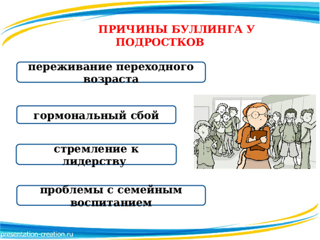  ПРИЧИНЫ БУЛЛИНГА У ПОДРОСТКОВ переживание переходного возраста гормональный сбой стремление к лидерству проблемы с семейным воспитанием 
